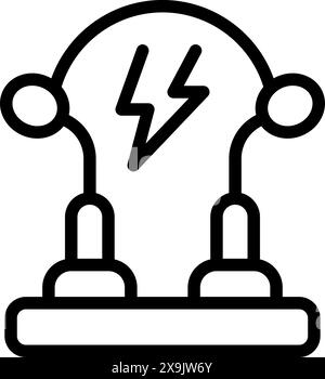 Modernes und einfaches elektrisches Experiment-Symbol mit Blitzsymbol im schwarz-weißen Vektorlinien-Design, das Energie, Physik und Laborkonzept repräsentiert Stock Vektor