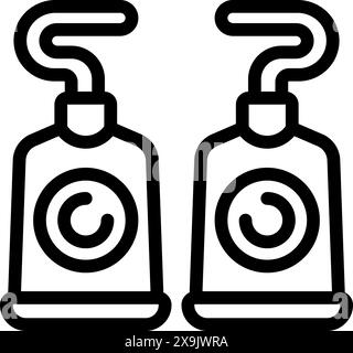 Schwarz-weiße Strichgrafik-Illustration zweier hängender Handdesinfektionsflaschen Stock Vektor