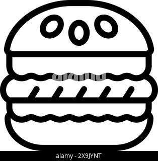 Verspielte und skurrile Cartoon Burger Icon Illustration in schwarz-weiß Strichkunst. Mit einem lächelnden Hamburger. Perfekt für Fast-Food-Menüs. Malbücher für Kinder Stock Vektor