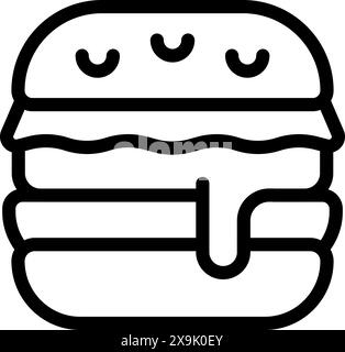 Entzückendes und verspieltes, niedliches Cartoon-Burger-Symbol in Schwarz-weiß-Strichkunst. Lächelnd und glücklich. Perfekt für Fastfood-Menüs. Vektorillustration mit einfachem und minimalistischem Design. Für Kinder geeignet Stock Vektor
