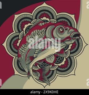 vektordarstellung von Karpfenfischen auf Mandalas Rundmuster Stock Vektor