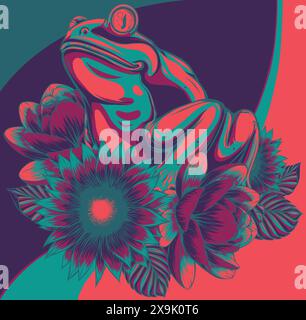 Frosch mit Augen, der auf der Vektor-Illustration des Blattes der Wasserlilie-Blume sitzt Stock Vektor