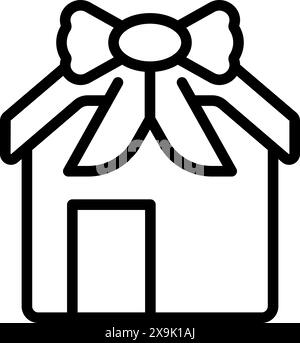 Schwarz-weiße Strichgrafik einer Hausikone mit dekorativer Schleife, die ein Geschenk zur Einweihung symbolisiert Stock Vektor