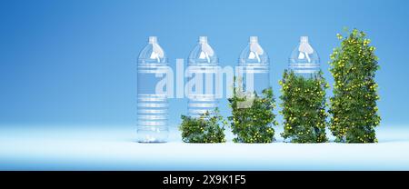 Transparente Plastikwasserflaschen, die von links nach rechts von einer immer mehr grünen Wiese mit Blumen bewachsen sind. Konzept für den Umweltschutz Awar Stockfoto