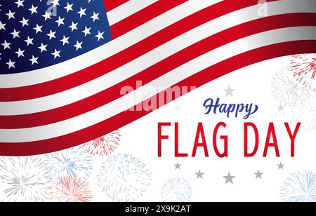 Design der Grußkarte „Happy Flag Day“. Werbebanner für US-Feiertage. Feiert Banner. Festlicher Hintergrund mit Clipping-Maske. 3D-Flagge und farbenfrohes Schild Stock Vektor