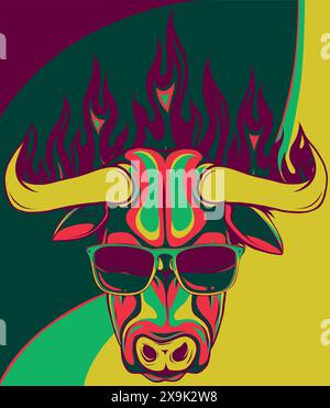 vektordarstellung eines Bullenkopfes mit Sonnenbrille und Flammen Stock Vektor