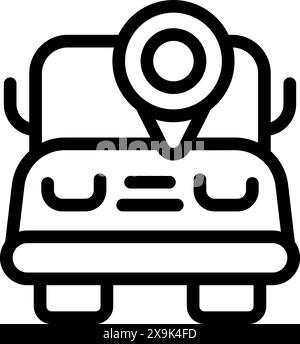Schwarz-weißes Strichsymbol eines Taxis mit einem Positionsstift-Symbol oben Stock Vektor
