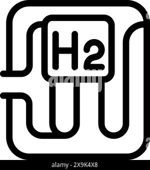 Symbol für Wasserstoffgas mit h2-Molekül und Periodenelement in schwarzer Linie isoliert auf weißem Hintergrund für Wissenschaft und Konzept für saubere Energie Stock Vektor