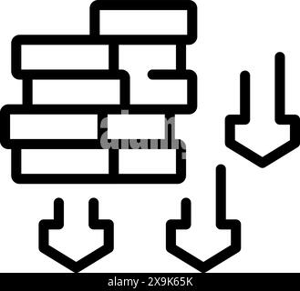 Einfaches schwarzes Umrisssymbol einer Ziegelwand mit Pfeilen nach unten, die auf Verkleinern oder Zusammenklappen hinweisen Stock Vektor