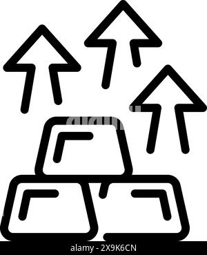 Schwarz-weiße Linienkunst mit aufsteigenden Pfeilen über Goldbarren, die das Finanzwachstum symbolisieren Stock Vektor