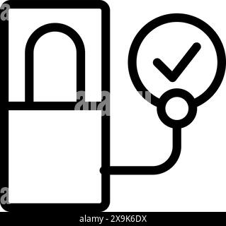 Vektorsymbol eines Sphygmomanometers mit positivem Häkchen, das den Erfolg der Integritätsprüfung symbolisiert Stock Vektor