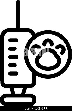 Schwarz-weißes Symbol, das eine Tierspritze neben einem Pfotendruck darstellt und die Tiergesundheit symbolisiert Stock Vektor