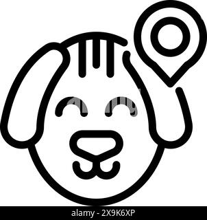 Schwarz-weiße Strichkunst eines lächelnden Hundegesichts mit einer Positionsnadel über dem Kopf, die die Verfolgung von Haustieren symbolisiert Stock Vektor
