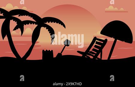 Tropischer Strand Sommer Sonnenuntergang Hintergrund mit der Sonne, Meer und Silhouetten von Strand-Artikel Stock Vektor