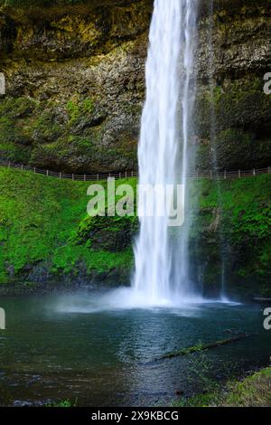 South Falls Wasserfall mit Pfad dahinter im Silver Falls State Park Oregon, der in glattem Wasser fällt Stockfoto