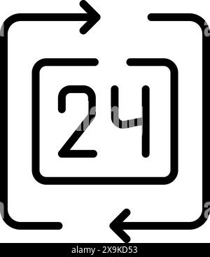 Symbol für das 24-Stunden-Servicekonzept, das den kontinuierlichen Kundendienst und die Unterstützung symbolisiert, Tag und Nacht verfügbar, immer offen und in Betrieb, mit minimalistischem Schwarz-weiß-Design Stock Vektor