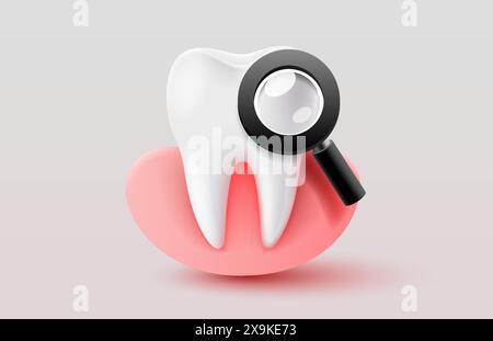 Zahn mit Kaugummi und Lupe, zahnärztliche Zahnbehandlung. Vektor Stock Vektor