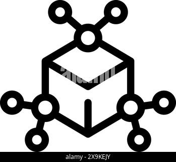 Vektorsymbol eines 3D-Cubes, der mit Netzwerkknoten verknüpft ist und die Blockchain-Technologie darstellt Stock Vektor