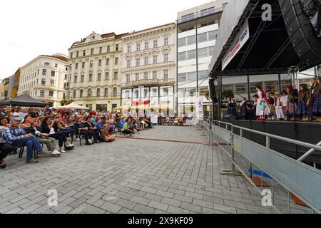 Das Publikum genießt das Folklorni-Festival, eine lustige Gemeinschaftsfeier, die Feiertage in Brünn, Tschechien. Brünner Lebensstil, Kulturerbe und Kulturlandschaft. Stockfoto