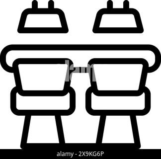Schwarzes Liniensymbol, das die Sitzordnung eines Zuges mit zwei Sitzplätzen und Tischen darstellt Stock Vektor