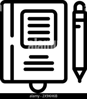 Schwarz-weiße Strichgrafik eines geschlossenen Notizbuchs mit Stift, ideal für Bürodesign Stock Vektor