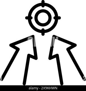 Schwarzes Linien-Symbol mit zwei Pfeilen, die mit einem Zielkreis zusammenlaufen und den Fokus oder das Ziel symbolisieren Stock Vektor