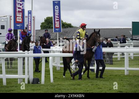 Epsom, Surrey, Großbritannien. Juni 2024. Ambiente Friendly betritt die Strecke für die formelle „Parade“ vor dem Betfred Derby, die über eine Meile und vier Furlongs auf der legendären Rennbahn Epsom Downs läuft. Quelle: Motofoto/Alamy Live News Stockfoto