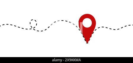 Durchgehende einzeilige Zeichnung des Pfads und der roten Positionszeiger. Hintergrund der Stiftlinie zuordnen. GPS-Symbol. Vektorabbildung. Stock Vektor