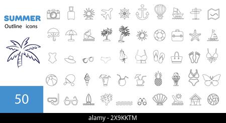 Sommer-Vektor-Symbolsatz. Symbole, Schilder und Banner. Sammlungselemente für Sommerferien, Reisen, Tourismus und Partys. Vektorabbildung. Stock Vektor