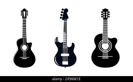 Eine Reihe schwarzer Gitarren-Silhouetten. Vektorgitarren auf weißem Hintergrund. Symbole für klassische E-Gitarren für einen Laden oder eine Musikanwendung. Stock Vektor