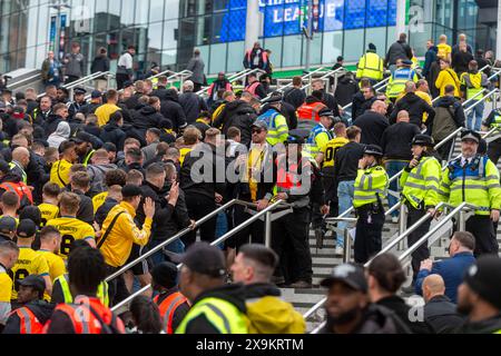 London, Großbritannien. 1. Juni 2024. Dortmunder Fans stürmen vor dem Champions-League-Finale zwischen Real Madrid und Borussia Dortmund im Wembley-Stadion durch die Ticketschecks. Zusätzliche Polizei- und Sicherheitsmaßnahmen, sowie keine Alkoholverbotsschilder (in mehreren Sprachen) um das Stadion herum sind vorhanden, um die Menschenmenge zu schützen. Quelle: Stephen Chung / Alamy Live News Stockfoto