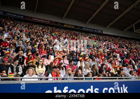 LLANELLI, GROSSBRITANNIEN. 31. Mai 2024. Walisische Fans beim Qualifikationsspiel der UEFA Women's Euro 2025 in der Liga B zwischen walisischen Frauen und ukrainischen Frauen im Parc y Scarlets in Llanelli am 31. Mai 2024. (Bild von Ashley Crowden/FAW) Credit: Football Association of Wales/Alamy Live News Stockfoto