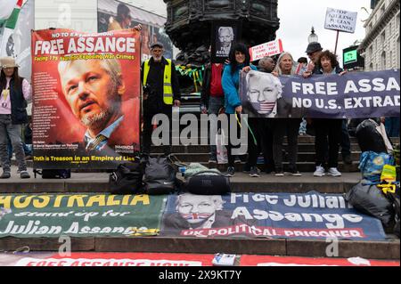 London, UK, 1. Juni 2024. Julian Assange Anhänger mit Schildern im Piccadilly Circus. Quelle: David Tramontan / Alamy Live News Stockfoto