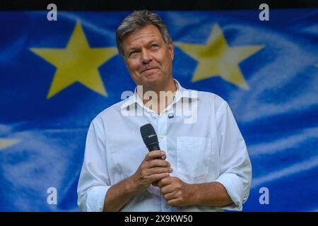 Magdeburg, Deutschland. Juni 2024. Robert Habeck (Allianz/90 Grüne), Bundesminister für Wirtschaft und Klimaschutz, spricht vor der Flagge der Europäischen Union in der Festung Mark. Am Abend fand dort im Rahmen der Europawahlkampagne der Grünen eine Veranstaltung statt. Quelle: Klaus-Dietmar Gabbert/dpa/Alamy Live News Stockfoto