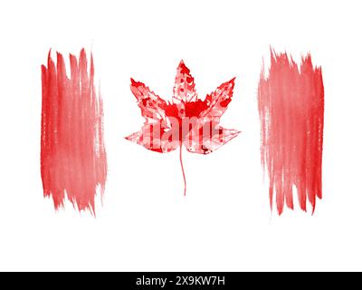 Ahornblatt und Spritzer in roten Farben. Happy Canada Day. Grußkarte für den 1. Juli. Festkomposition. Handgemalte Pinselstriche. Stockfoto