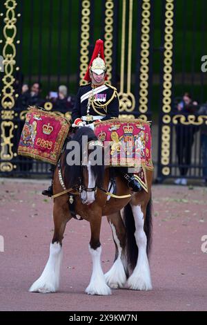 London, Großbritannien. Juni 2024. Die Generalmajor’s Review of the Trooping of the Colour for the King’s Birthday Parade findet statt. Diese Probe ist die erste von zwei formellen Rezensionen in voller Uniform der Truppen und Pferde, bevor sie am 15. Juni zur offiziellen Geburtstagsparade des Königs Parade vorgeführt wird. Die Soldaten werden von Generalmajor James Bowder OBE, dem Generalmajor, der die Haushaltsabteilung kommandiert, inspiziert. Stockfoto