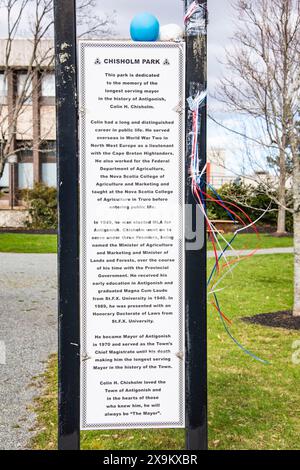 Chisholm Park-Schild in Downtown Antigonish, Nova Scotia, Kanada Stockfoto