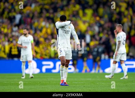 Jude Bellingham von Real Madrid reagiert auf das Finale der UEFA Champions League im Londoner Wembley Stadium. Bilddatum: Samstag, 1. Juni 2024. Stockfoto