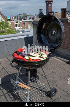 Black Compact Holzkohlegrill Wasserkocher mit gebratenem Gemüse auf der Terrasse, im Garten oder auf dem Dach. Stockfoto