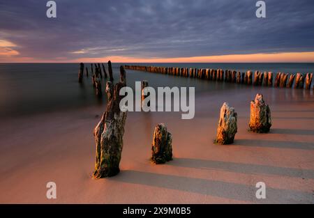 Alte hölzerne Wellenbrecher an der Ostseeküste, im warmen Licht der untergehenden Sonne Stockfoto