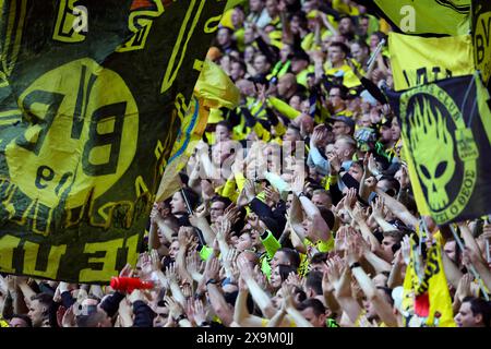 London, Großbritannien. Juni 2024. Die Dortmunder Fans jubeln beim Champions League-Finale 2023/2024 zwischen Borussia Dortmund und Real Madri CF im Wembley-Stadion in London (England) am 1. Juni 2024 an. Quelle: Insidefoto di andrea staccioli/Alamy Live News Stockfoto