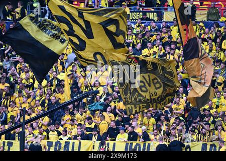 London, Großbritannien. Juni 2024. Fans und Fans von Dortmund schwingen ihre Fahnen vor einem Fußballspiel zwischen der Deutschen Borussia Dortmund und dem spanischen Real Madrid CF im UEFA Champions League Finale der Saison 2023-24 am Samstag, 1. Juni 2024 in London. Quelle: Sportpix/Alamy Live News Stockfoto