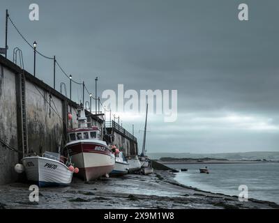 Die Boote reihten bei Ebbe an der Flussmündung des River Torridge entlang, an einem bewölkten Tag vor Sonnenaufgang, in Appledore, North Devon. Stockfoto