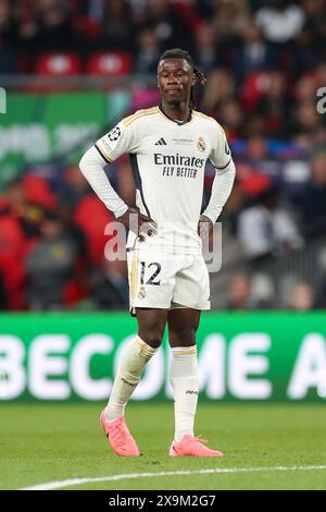 London, Großbritannien. Juni 2024. Real Madrid Mittelfeldspieler Eduardo Camavinga (12) beim UEFA Champions League Finale Borussia Dortmund gegen Real Madrid am 1. Juni 2024 im Wembley Stadium, London, England, Vereinigtes Königreich Credit: Every Second Media/Alamy Live News Stockfoto