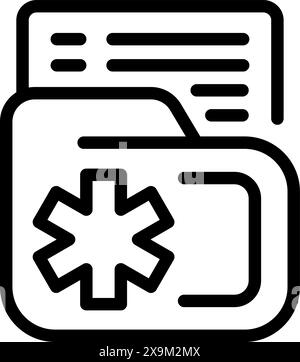 Schwarzweiß-Vektorillustration des Symbols für medizinische Ordner für die Dokumentation und Datensatzverwaltung im Gesundheitswesen mit digitalem Datenspeichersystem Stock Vektor
