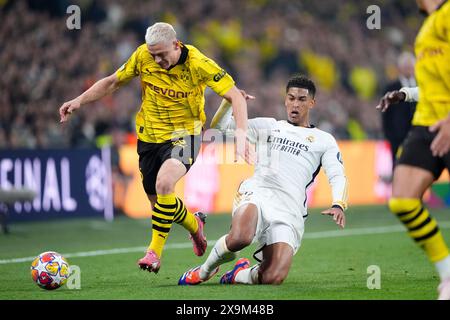 Jude Bellingham (rechts) von Real Madrid und Julian Ryerson von Borussia Dortmund kämpfen um den Ball während des Endspiels der UEFA Champions League im Wembley Stadium in London. Bilddatum: Samstag, 1. Juni 2024. Stockfoto