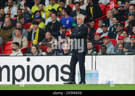 London, Großbritannien. Juni 2024. Carlo Ancelotti, Trainer von Real Madrid, Gesten beim UEFA Champions League Finale Borussia Dortmund gegen Real Madrid am 1. Juni 2024 im Wembley Stadium, London, England, Großbritannien. Credit: Every Second Media/Alamy Live News Stockfoto