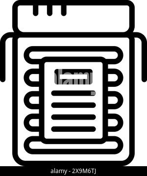 Schwarz-weißes Strichbild-Symbol, das eine Medikamentenflasche mit Etikett darstellt Stock Vektor