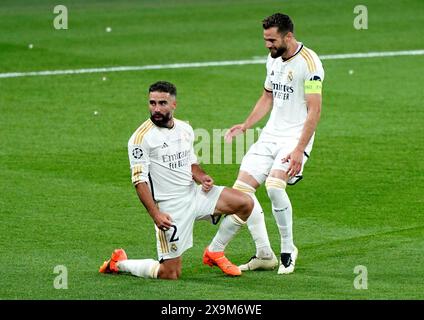 Daniel Carvajal (links) von Real Madrid feiert das erste Tor seiner Mannschaft im Finale der UEFA Champions League im Wembley Stadium in London. Bilddatum: Samstag, 1. Juni 2024. Stockfoto