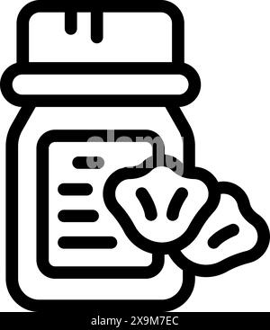 Einfaches Symbol mit schwarzer Linie, das eine Arzneimittelflasche mit Etikett und Pillen darstellt Stock Vektor